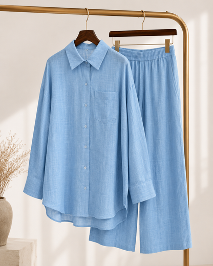 Conjunto Feminino de Linho Saída de Praia com Camisa e Calça