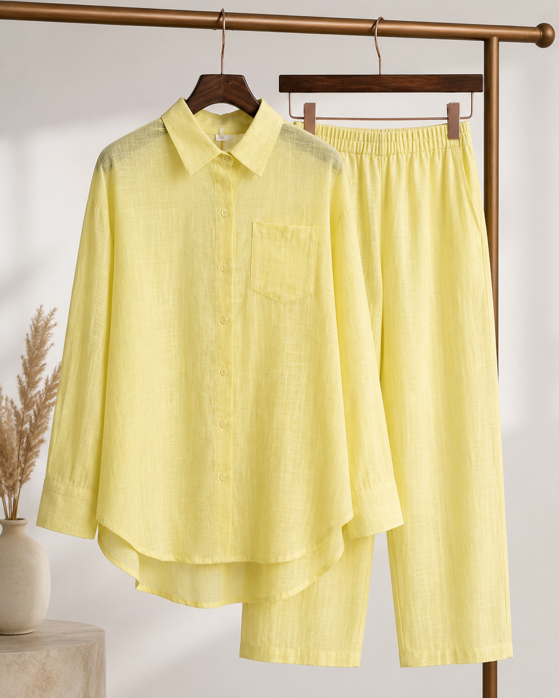 Conjunto Feminino de Linho Saída de Praia com Camisa e Calça