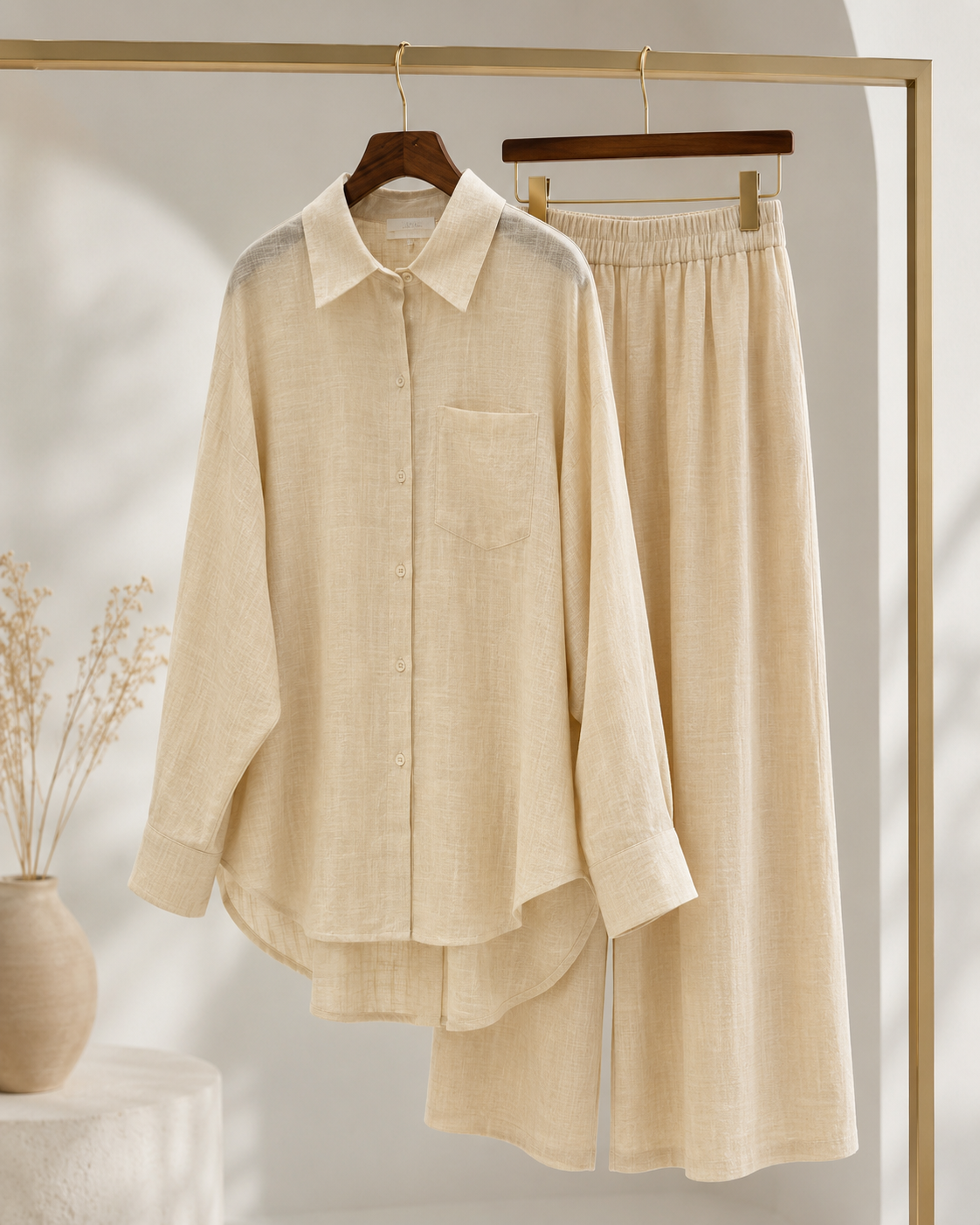 Conjunto Feminino de Linho Saída de Praia com Camisa e Calça