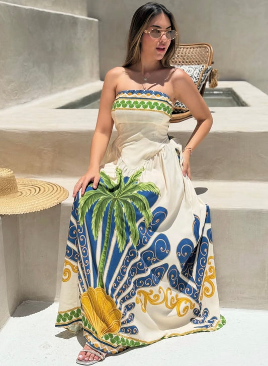 Vestido Inspiração Farm Feminino Longo Tomara que Caia com Estampa Tropical Moda Verão