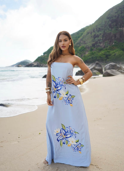Vestido Saída de Praia Longo Tomara que Caia com Estampa Floral Moda Verão