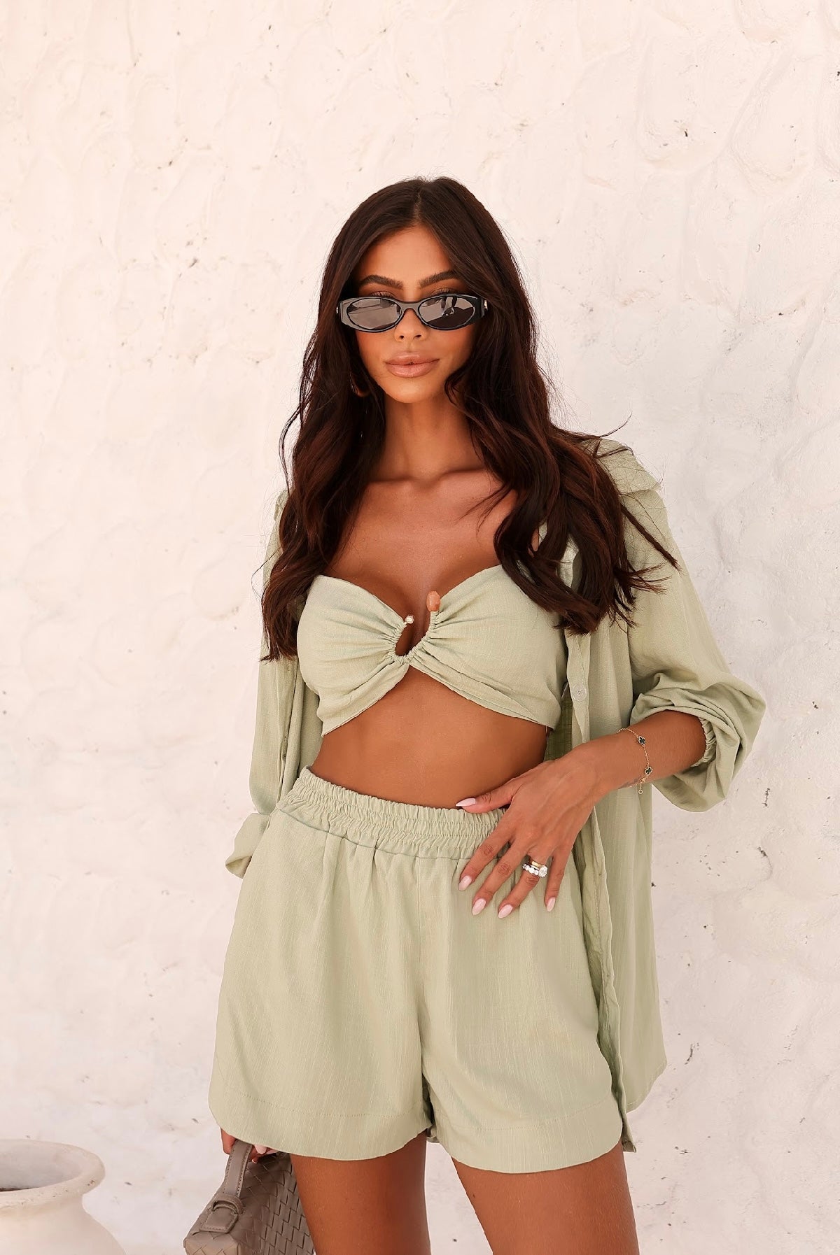 Conjunto Feminino com Camisa, Top Cropped e Short Moda Verão