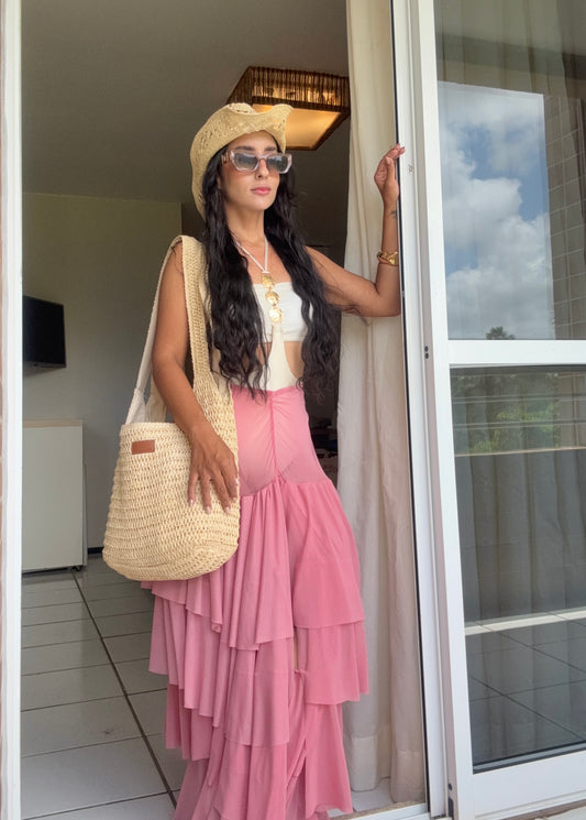 Saída de Praia Feminina Rosa em Tule com Babados